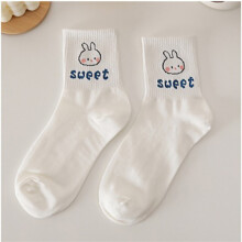 (White Rabbit Free Size) Funny Cute Cotton Socks White Lightweight Casual Women Girl Blue Bear
