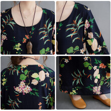 Women Vintage Loose Dress Long Sleeves Print Side Pockets Spring