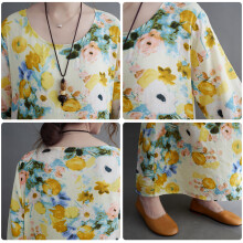 Women Vintage Loose Dress Long Sleeves Print Side Pockets Spring