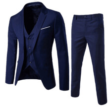 3pcs Men Suit Solid Color Business Jacket Pants Vest Set Navy Blue XL
