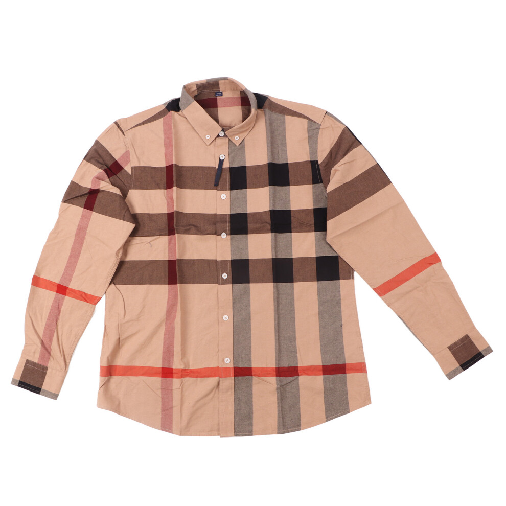 (Beige Plaid XXXL) Long Sleeve Plaid Shirt Button Down Breathable Beige XXXL