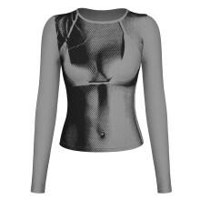 (Grey XL) 3D Printed Skinny Blouse Round Neck Long Sleeve Grey XL