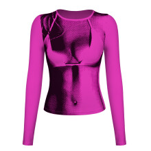 (Magenta L) 3D Printed Skinny Blouse Round Neck Long Sleeve Grey XL