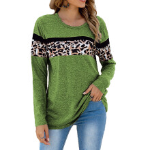 (Green XL) Color Block Leopard Shirt Long Sleeve Loose Pullover Women Green XL