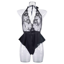 (Black S) Lace Mesh One Piece Lingerie V Neck Halter High Waist White S
