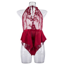 (Burgundy M) Lace Mesh One Piece Lingerie V Neck Halter High Waist White S