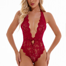 (Wine Red XL) Lace Bodysuit Halter Backless Slim One Piece White L