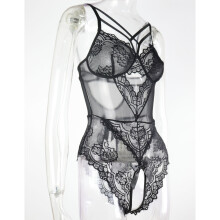 (Black XXL) Lace One Piece Pajamas V Neck Hollow Out Black XXL