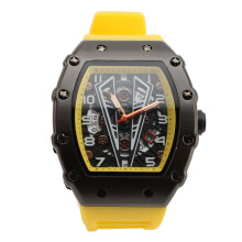 (Black Shell Yellow) Men Hollow Watch Rose Gold Blue Water Resistant Luminous Calendar