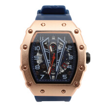 (Rose Gold Deep Blue) Men Hollow Watch Rose Gold Blue Water Resistant Luminous Calendar