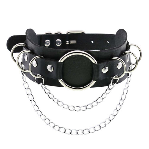 (Black) Double Deck PU Leather Choker Punk Adjustable 46cm Black Necklace