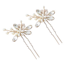 (Gold) 1 Pair Bridal U Shaped Hairpin Crystal Pearl Wedding Clip Gold