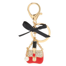 (Red) Women Alloy Rhinestone Keychain Bow Lipstick Shaped Pendant Pink