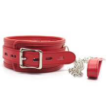 Collar Harness Lead Choker Metal Chain BDSM Bondage Restraints, Adjustable Fetish Slave Collar, Red