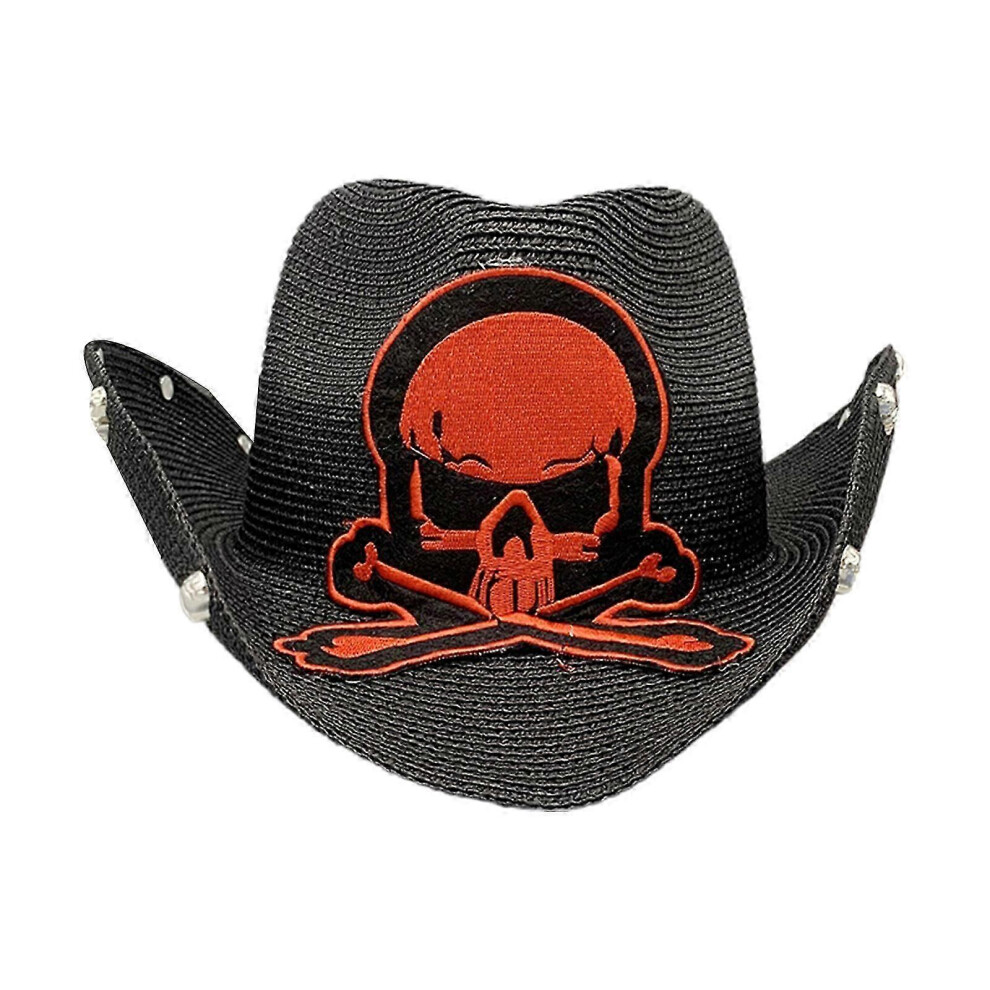 Kikidex (, One Size) Vintage Cowboy Hat Western Style Large Embroidery Skull Brim Hat Straw Weaving Cowboy Hat Accessory For Summer Sunproof Silver