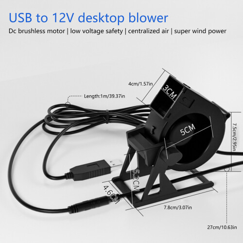 USB Powered Desk Fan with 12V Boost Line Adjustable Stand for 2