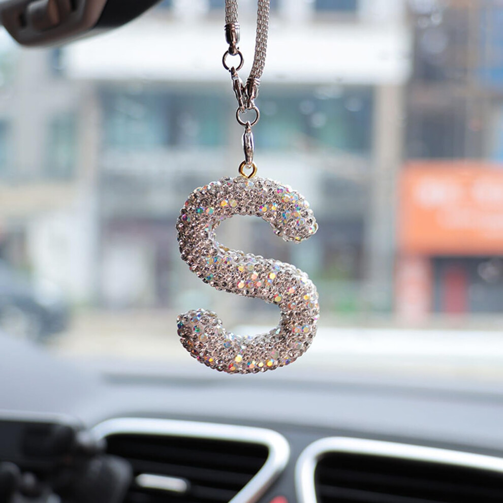 Bling Car Letter Charm Rear View Mirror Ornament Diamond Rhinestone Auto Mirror Hanging Decor For Women S White 9067246445768