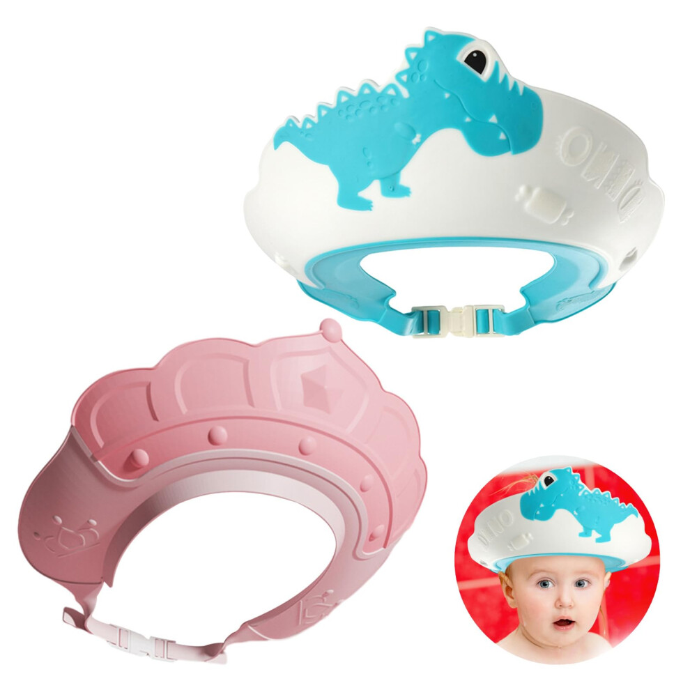 Baby Shower Cap Set 2-Pack, Adjustable Toddler Hair Washing, Visor For Eyes Ears Face, Crown And Dinosaur Pink/Blue