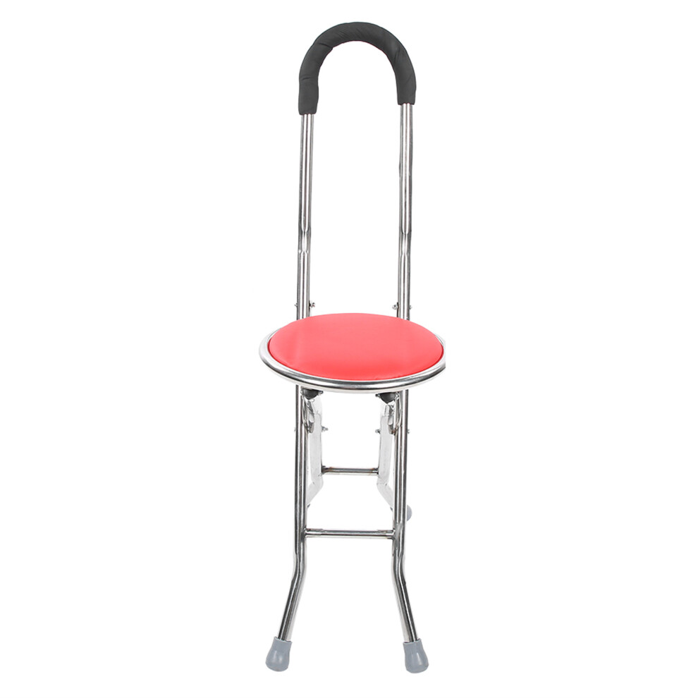 Red Folding Walking Cane Stool Stainless Steel Round Elderly