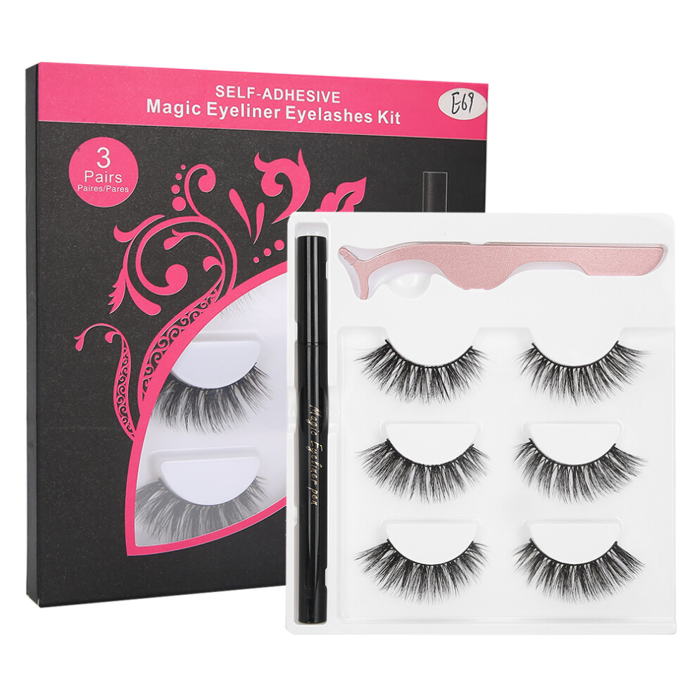 Black (E69 Box) Selfadhesive Liquid Eyeliner False Lashes Tweezers Makeup Set