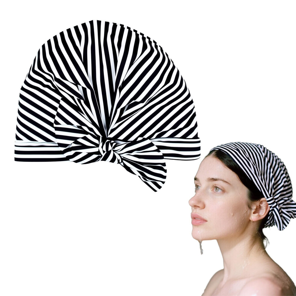 Shower Caps Unisex, Waterproof Reusable Shower Hat For Short Curly And Long Hair, Elastic Hem, Black And White Stripe
