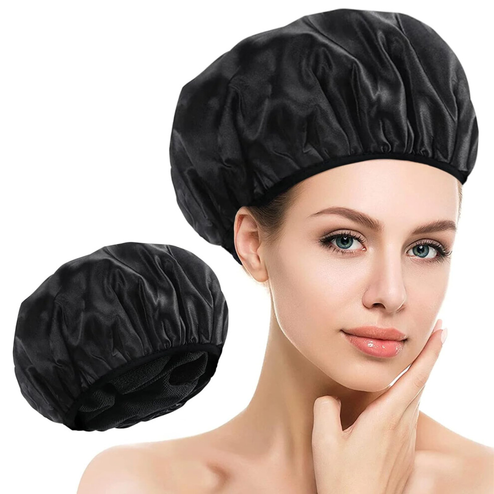 Black Shower Cap for Women Large Triple-Layer Waterproof Cap With Microfiber Liner Long Hair