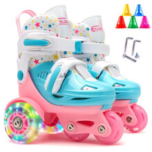 Kids Quad Roller Skates Adjustable Size Double Brakes Luminous Wheels