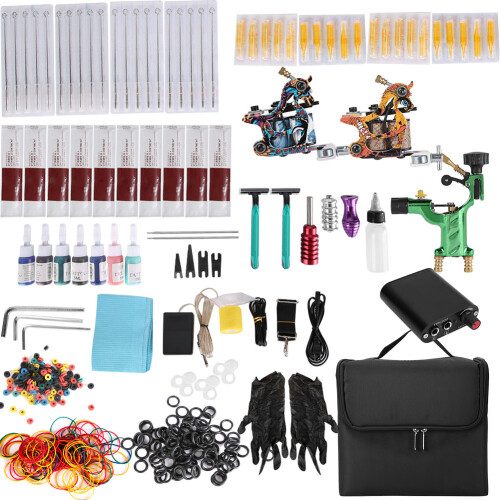 (US Plug) Tattoo Kit Machine Needles Grip Pedal Tool Storage Bag