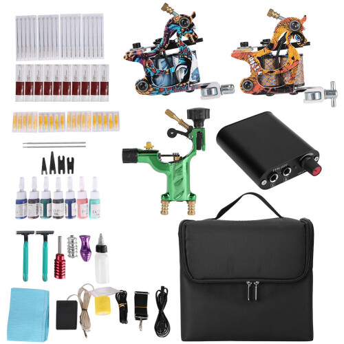 (EU Plug) Tattoo Kit Machine Needles Grip Pedal Tool Storage Bag 1