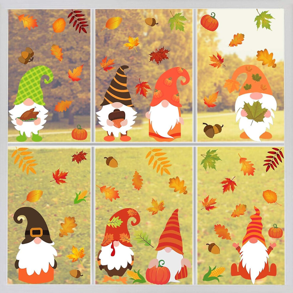 Kikidex (As Show, One Size) Fall Thanksgiving Window Clings - 4 Sheets Autumn Gnome Elf Scandinavian Autumn Tomte Window Decals Decorations - Thank