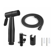 (As show, One size) Toilet hand shower kit including 1.5 m hose and holder with G1/2 adapters, black color.