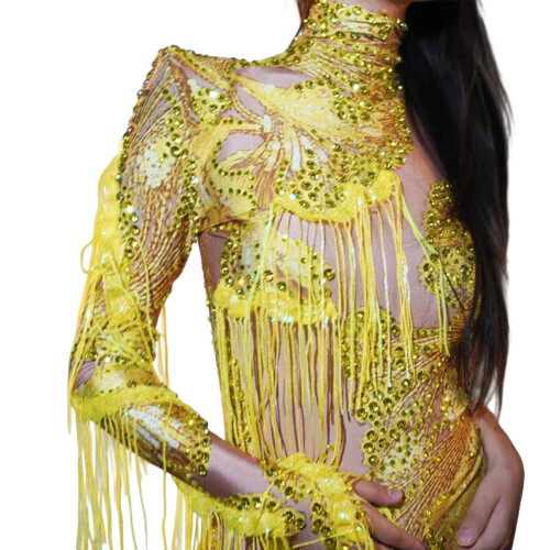 Breathable Belly Dance Outfit One Arm Design-Yellow L