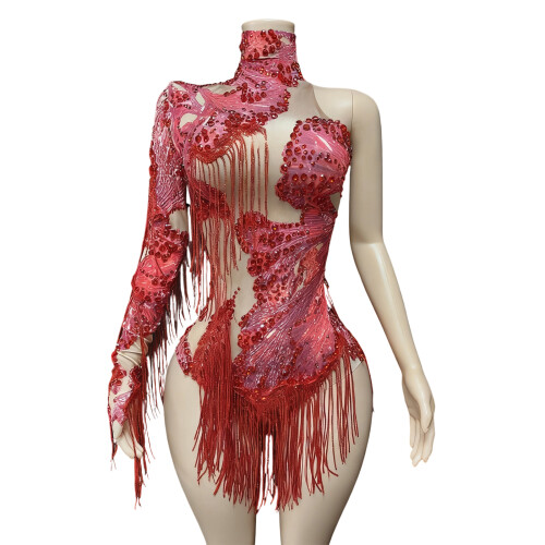 Professional Dance Costume One Arm Design Breathable-Red XL