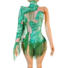 Professional Theater Wear Asymmetric Sleeve Jumpsuit-Green XL