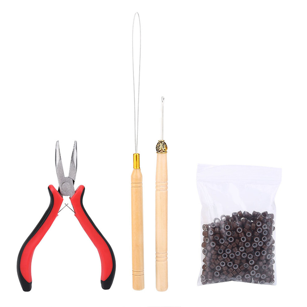 Wig Connector Kit Pliers Hook Loop Needle 500Pcs Micro Rings Brown