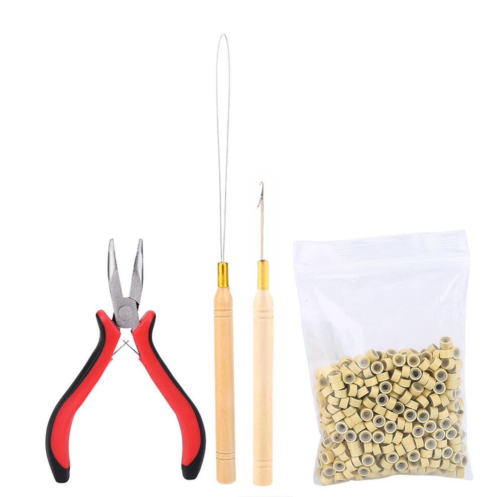 Wig Connector Kit Pliers Hook Loop Needle 500Pcs Micro Rings Beige