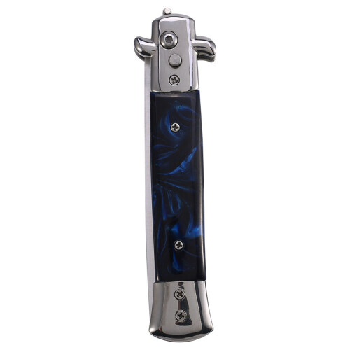 Switchblade Folding Knife Push Button Pocket Comb Oil Blue