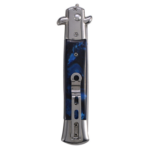 Switchblade Folding Knife Push Button Pocket Comb Oil Blue 2