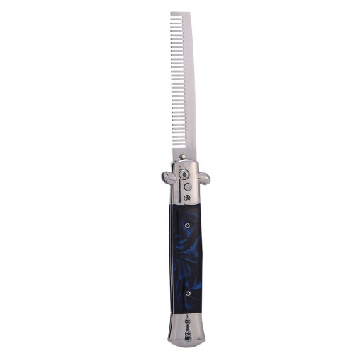 Switchblade Folding Knife Push Button Pocket Comb Oil Blue 1