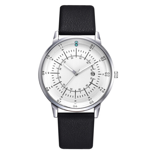 Men Round Dial PU Leather Strap Quartz Watch Black Silver White