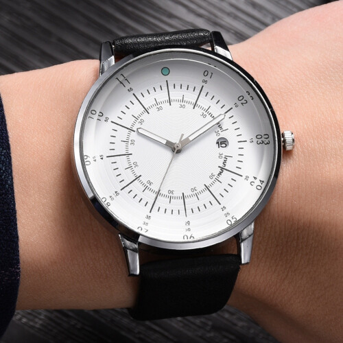 Men Round Dial PU Leather Strap Quartz Watch Black Silver White 1