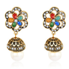 Women Vintage Golden Wind Bell Earring Rhinestone Faux Pearl Dangles