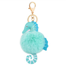 Sea Horse Pendant Fuzzy Ball Key Ring PU Alloy Keychain Green