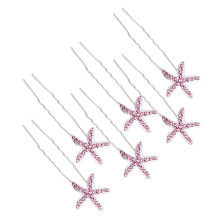 6pcs U Shaped Hair Clips with Starfish Rhinestone(Pink)
