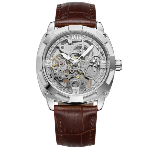 Automatic Mechanical Watch PU Leather Strap for Men Silver Brown