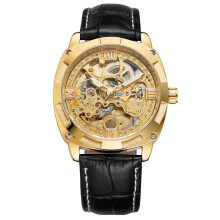 Automatic Mechanical Watch PU Leather Strap Gold Black Male