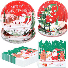 Set mit 24 weihnachtlichen Papptellern, runden Einwegtellern, weihnachtlicher Tischdekoration mit weihnachtlichen Papierservietten, Geschirr
