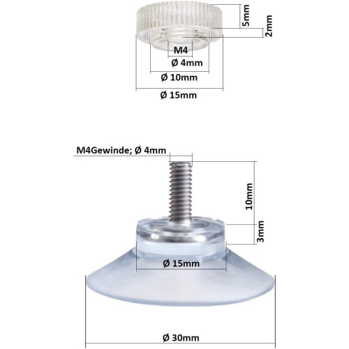 20 βεντούζες Ø 30 mm με σπείρωμα M4x10 mm με οδοντωτά παξιμάδια, διαφανής βεντούζα 1