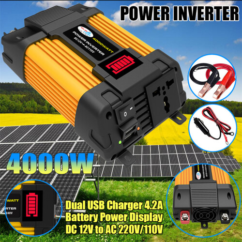 Μετατροπέας τάσης 4000W DC 12V σε 220V, με διπλό φορτιστή USB 4.2A και ένδειξη ισχύος μπαταρ 1