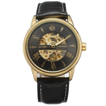 FORSINING Automatic Watch Black Dial Golden Case PU Band Waterproof